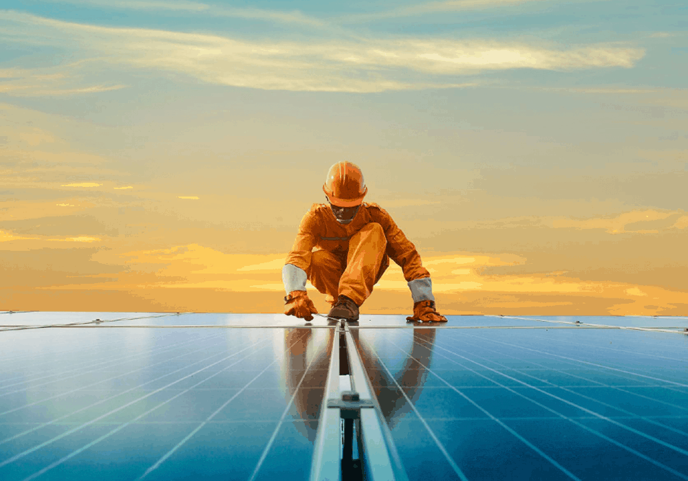 Man sitting on solar panel with sun going in background